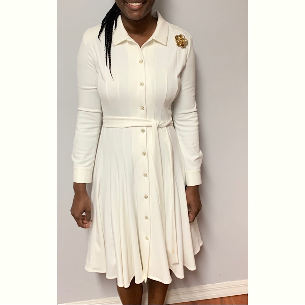 Leslie Fay White button down midi dress with belt